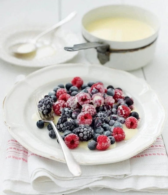 Frozen Berries with Hot White Chocolate Sauce