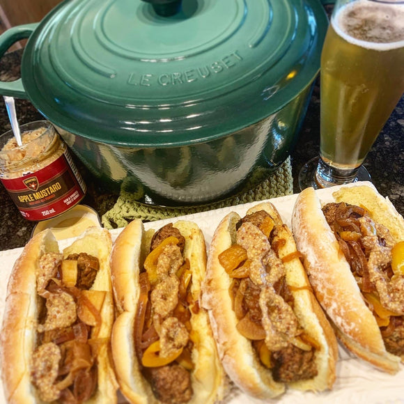 Beer Braised Bratwurst with Onions, Apples & Peppers