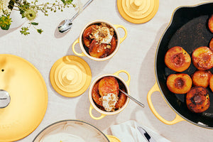 Braised Salted Caramel Peaches with Whipped Cream and Almonds